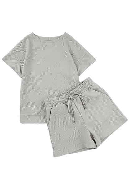 Gray 2pcs Solid Textured Drawstring Shorts Set - Chic Meadow Boutique 