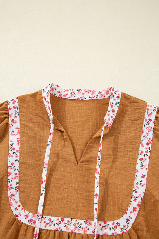 Straw Yellow Split Neck Pleated Floral Trim Long Puff Sleeve Blouse