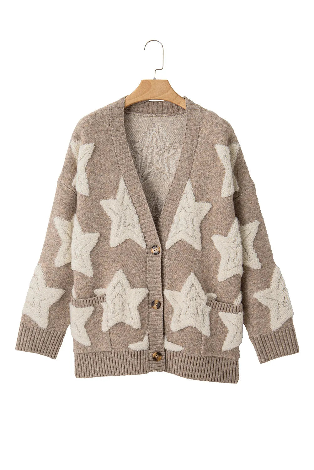 Khaki Sherpa Star Pattern Textured Sweater Cardigan with Pockets - Chic Meadow Boutique 