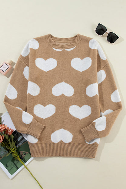 Khaki Contrast Heart Pattern Round Neck Sweater