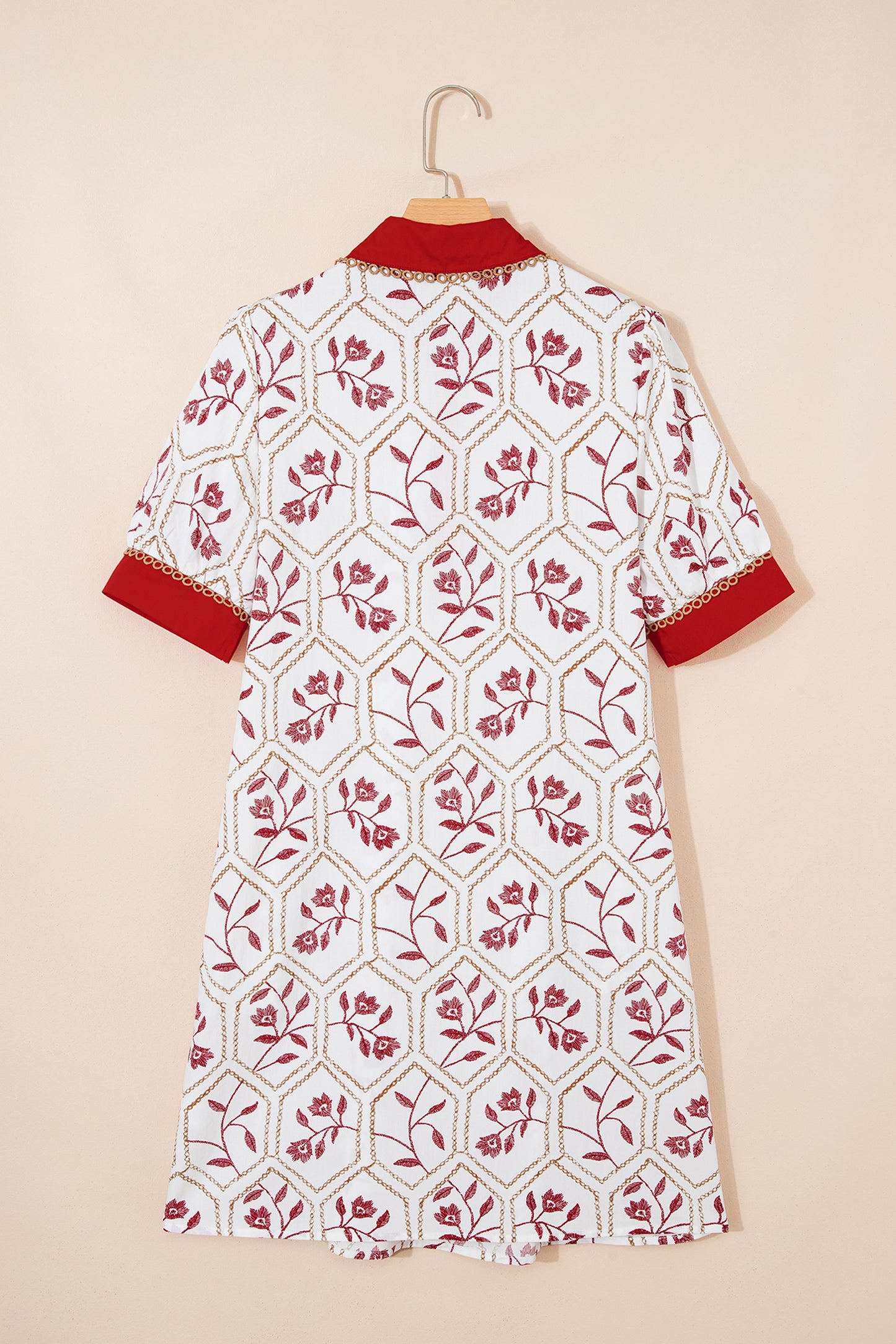 Red Geometric Floral Print Lace Trim Collared Short Sleeve Mini Dress