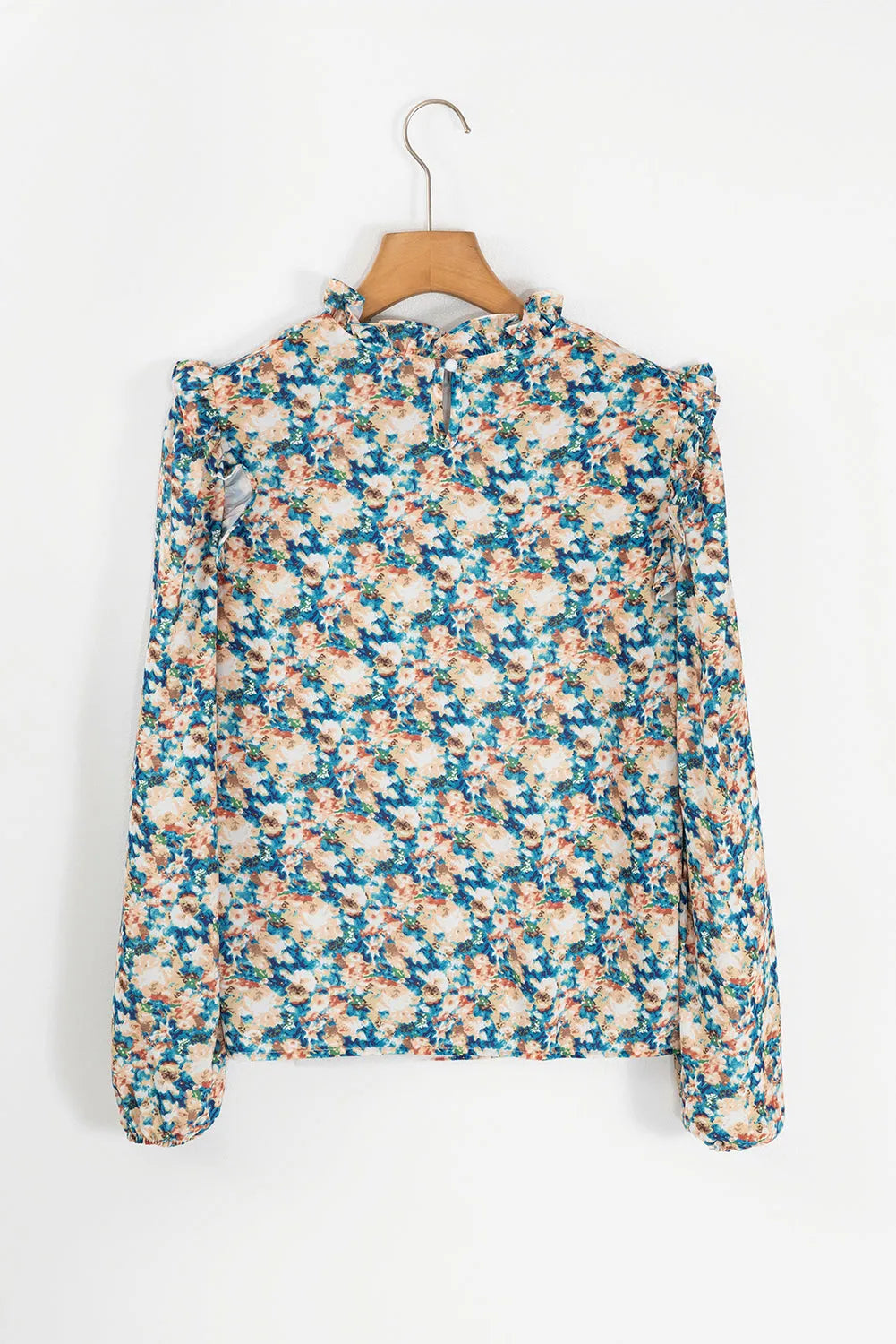 Sky Blue Floral Print Frilled Mock Neck Puff Sleeve Blouse - Chic Meadow Boutique 