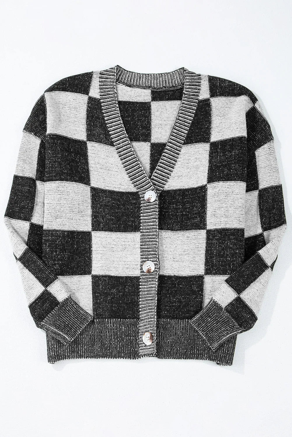 Black Checkered Drop Shoulder Buttoned V Neck Cardigan - Chic Meadow Boutique 