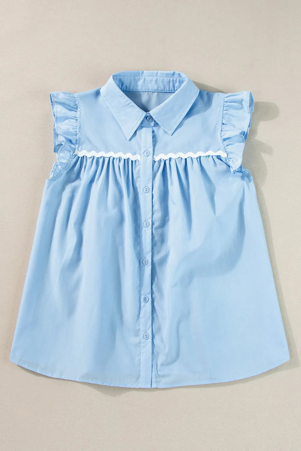 Sky Blue Ric Rac Trim Frilly Sleeveless Shirt - Chic Meadow Boutique 