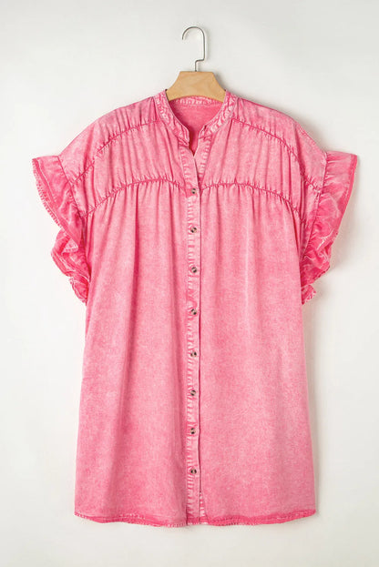 Pink Ruffled Short Sleeve Buttoned Denim Mini Dress - Chic Meadow Boutique 