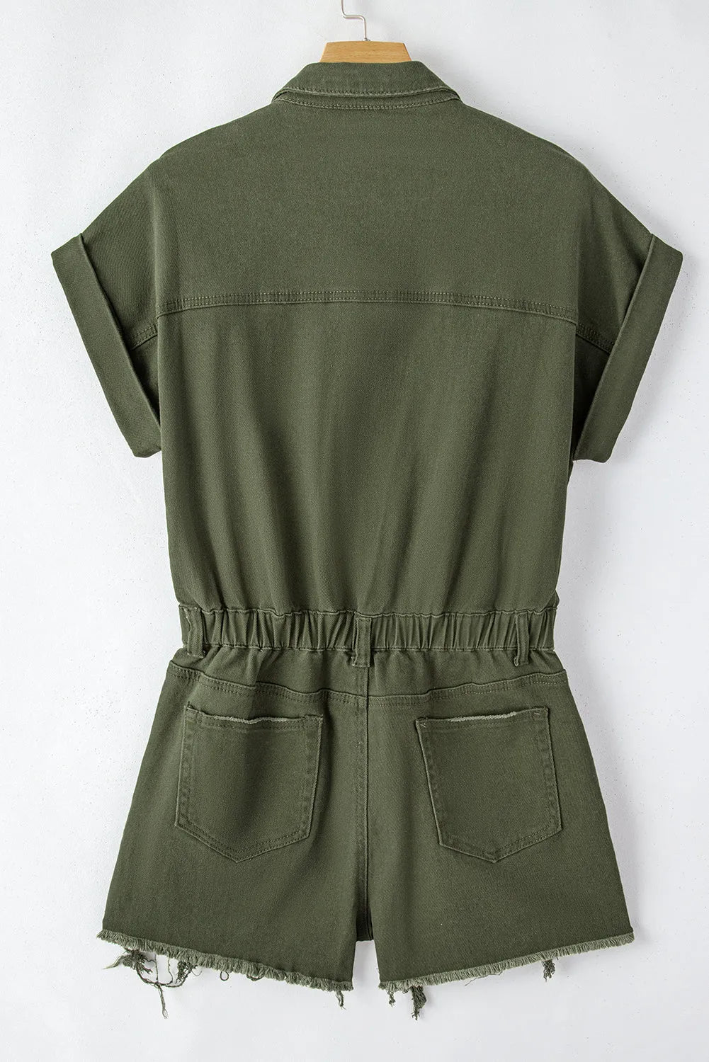 Moss Green Distressed Frayed Denim Romper - Chic Meadow Boutique 