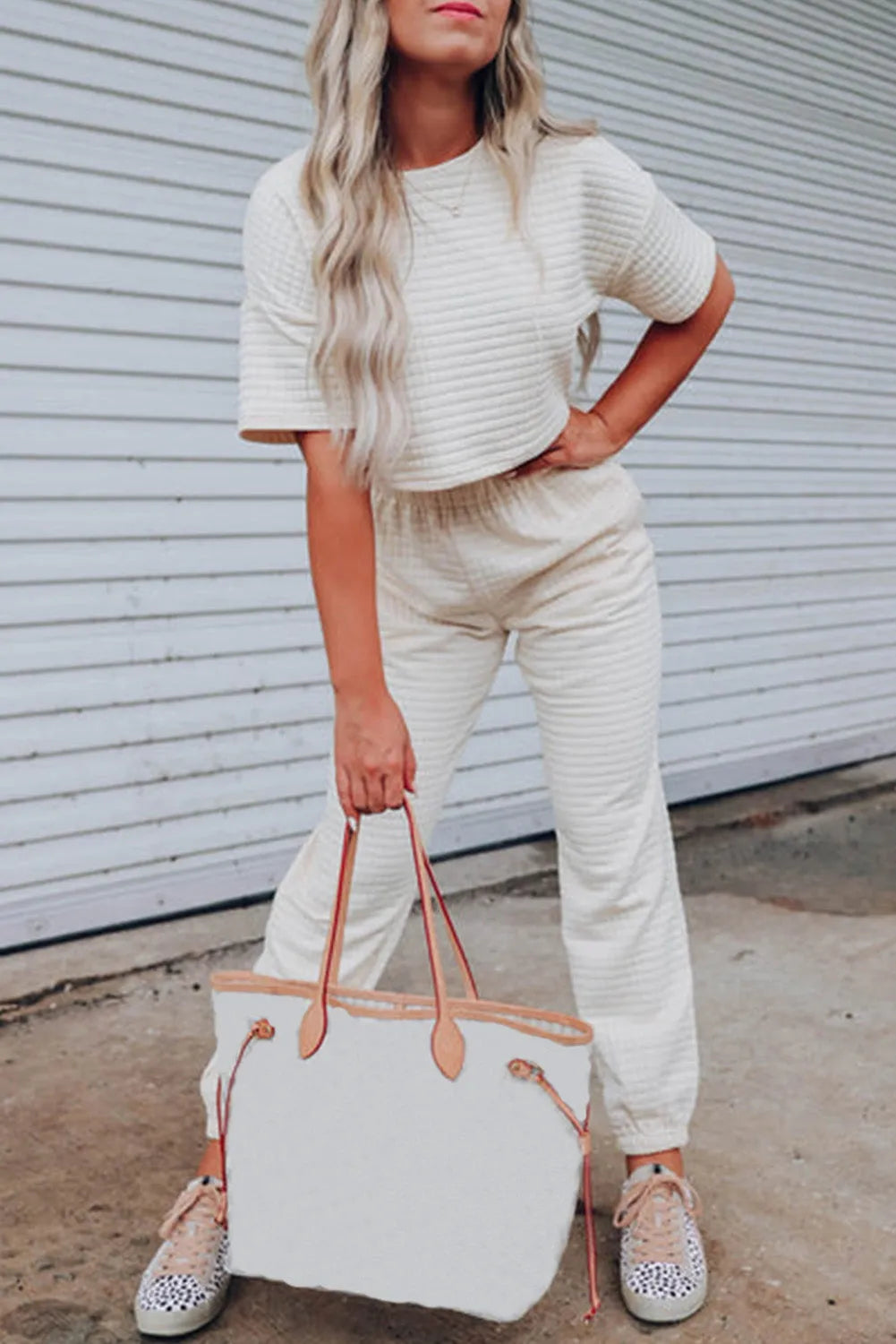 White Lattice Textured Cropped Tee and Jogger Pants Set - Chic Meadow Boutique 