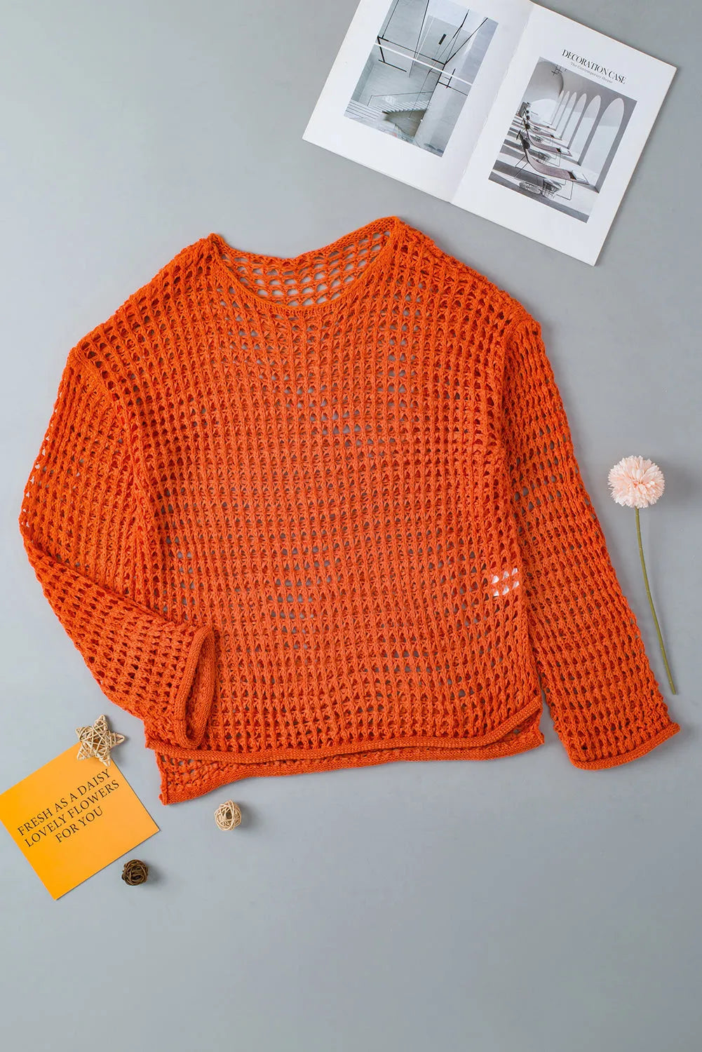 Orange Open Knit Crochet Bell Sleeve Tunic Sweater - Chic Meadow Boutique 