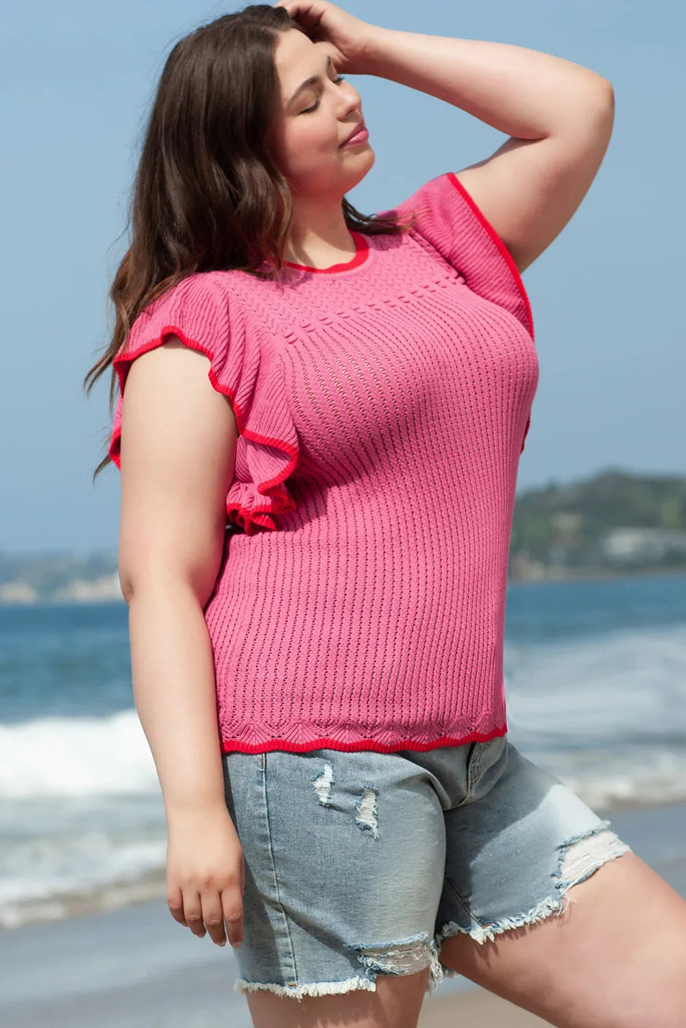 Rose Red Ruffled Contrast Trim Plus Size Short Sleeve Sweater - Chic Meadow Boutique 