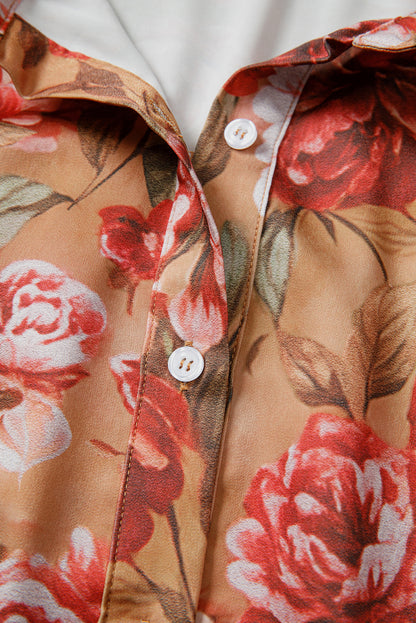 Brown Vintage Floral Print Shirt Style Half Button Long Sleeve Ruffle Mini Dress