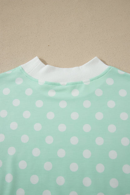 Green Polka Dot Print Color Block Trim Mock Neck Short Set