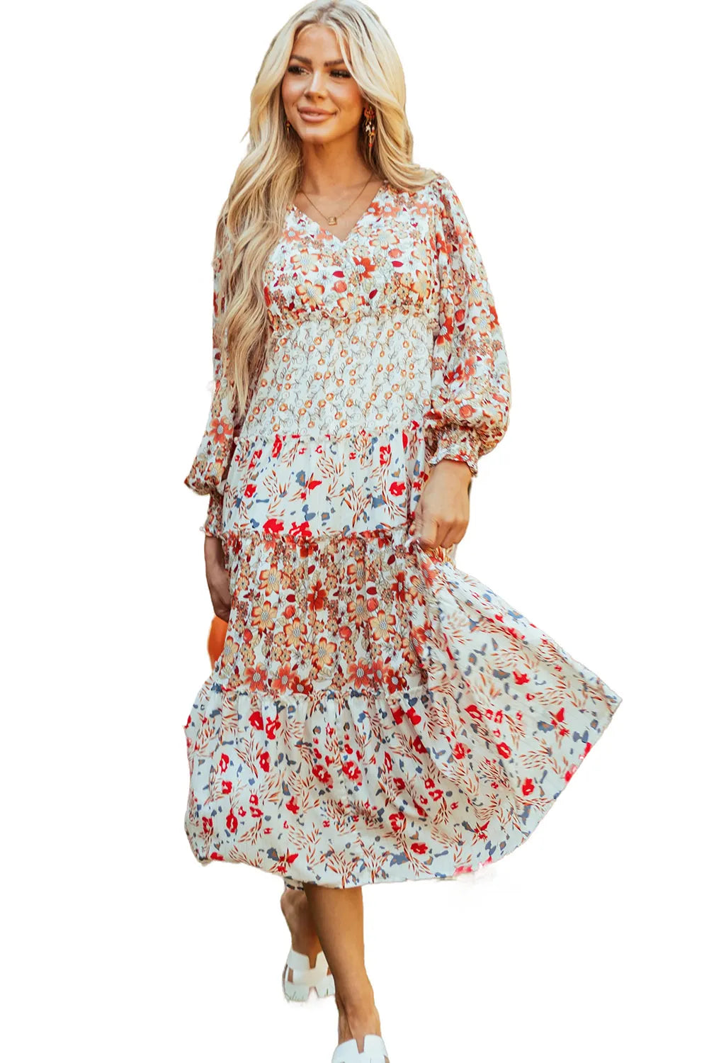 Khaki Floral Print Ruffled Tiered Long Sleeve V Neck Midi Dress - Chic Meadow Boutique 