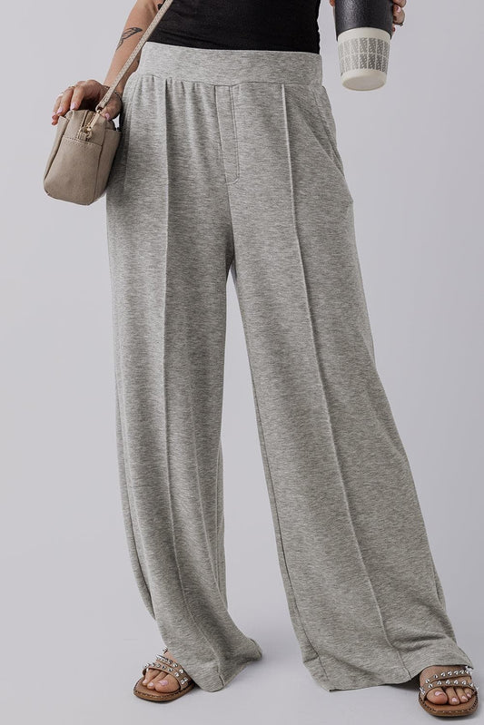 Bottoms/Pants & Culotte Medium Grey / S / 70%Polyester+27%Viscose+3%Elastane Medium Grey Central Seam Wide Leg High Waist Knit Casual Pants