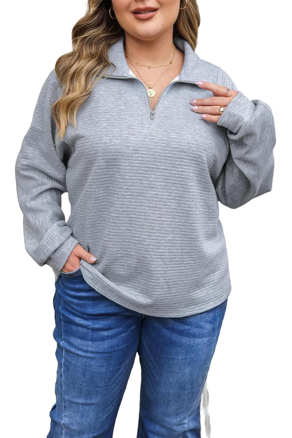 Plus Size/Plus Size Tops/Plus Size Long Sleeve Tops Light Grey Quarter Zipper Collared Ribbed Knit Plus Size Top