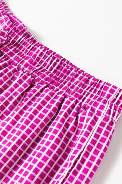 Bottoms/Pants & Culotte Pink Plaid Print Drawstring High Waist Wide Leg Casual Pants