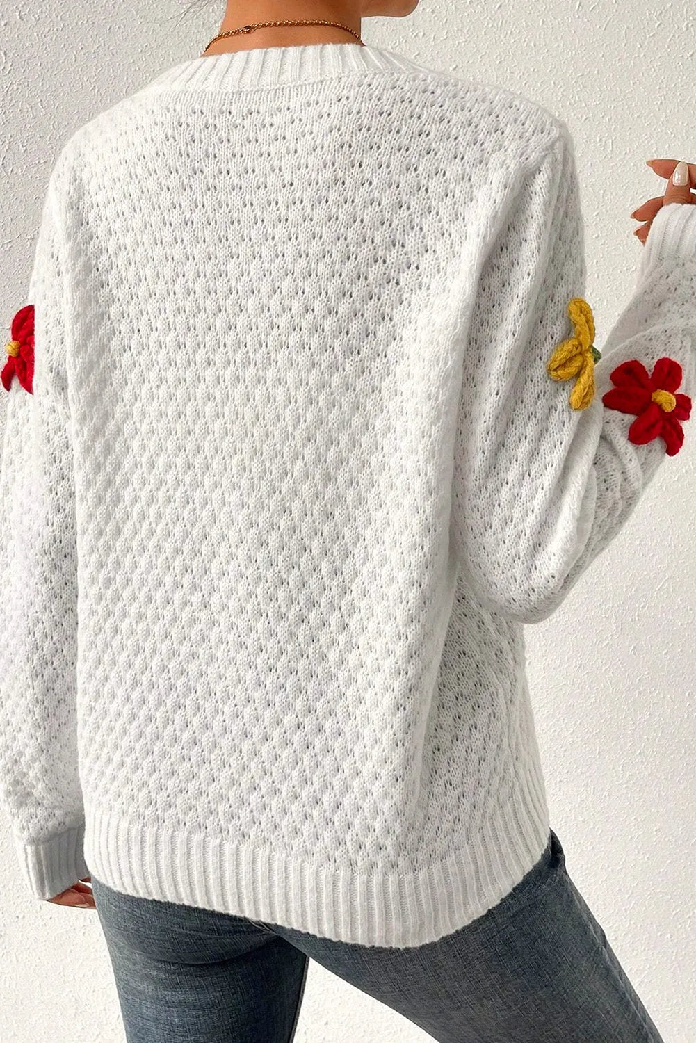 Sweaters & Cardigans/Sweaters White Colorful Flower Applique Textured Knit Sweater