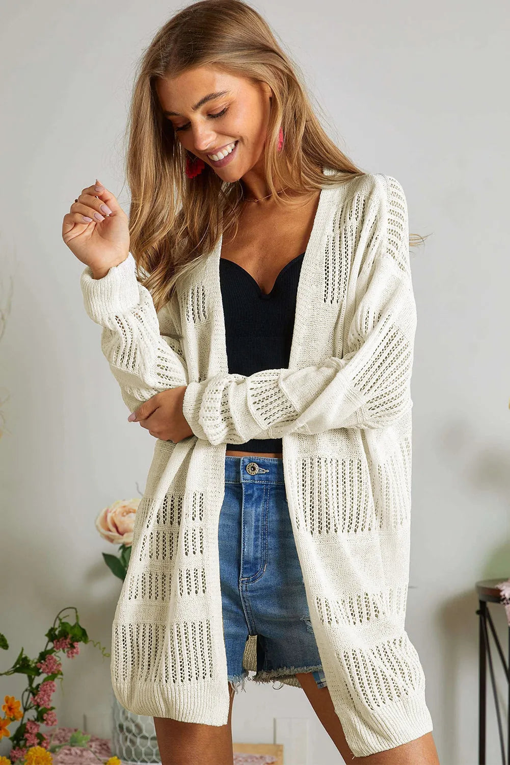 White Solid Color Lightweight Open Knit Tunic Cardigan - Chic Meadow Boutique 