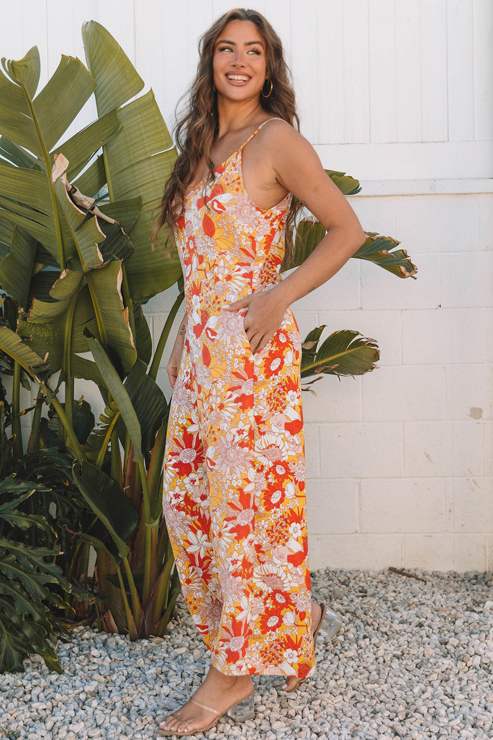 Orange Floral V Neck Wide Leg Sleeveless Jumpsuit