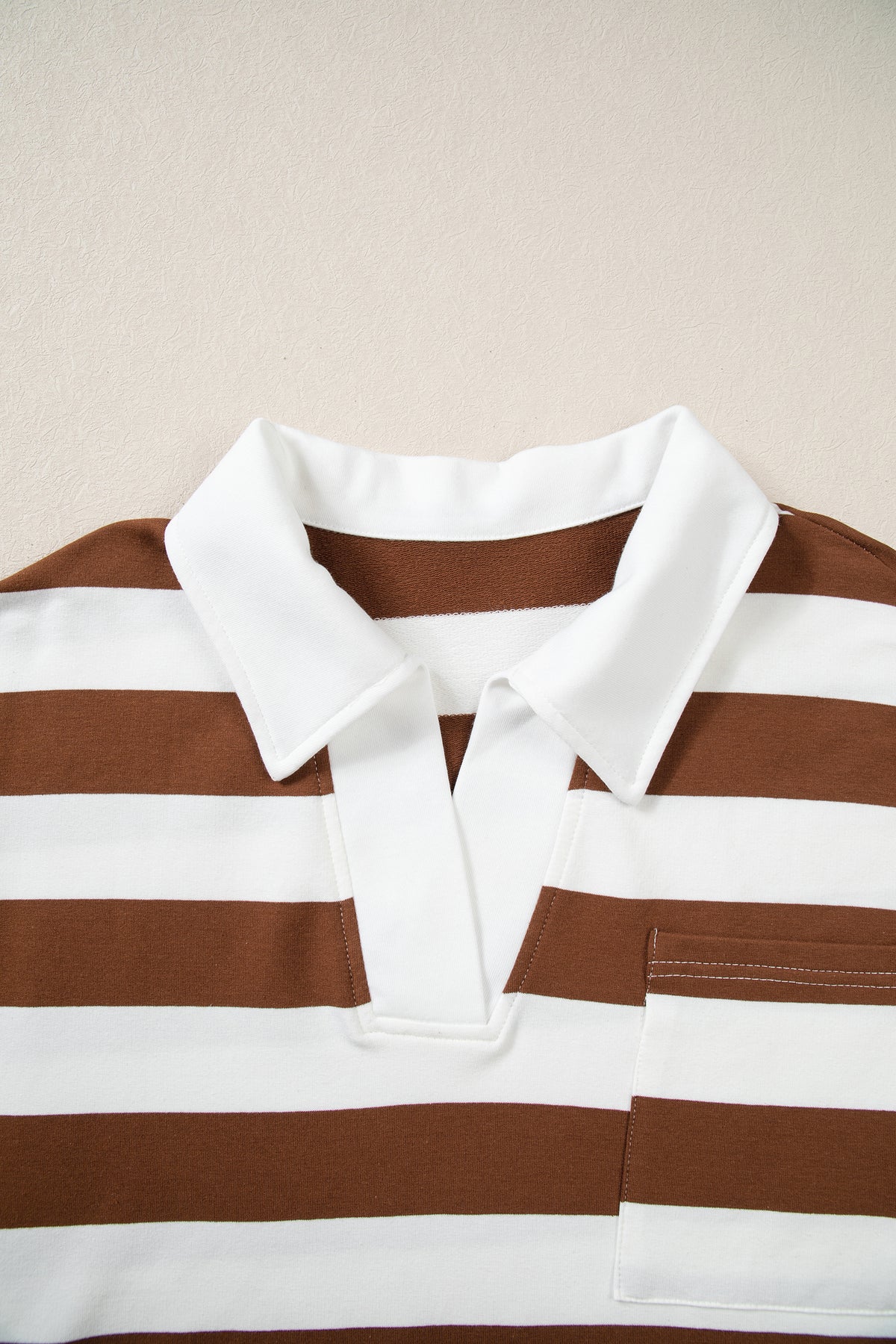 Brown Stripe Contrast Collar 3/4 Sleeve Oversized Casual Top