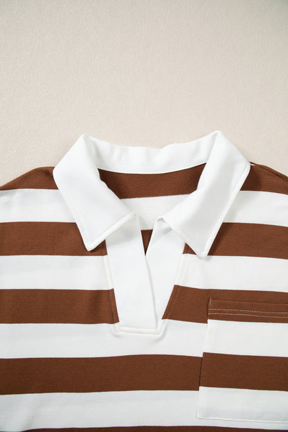 Brown Stripe Contrast Collar 3/4 Sleeve Oversized Casual Top