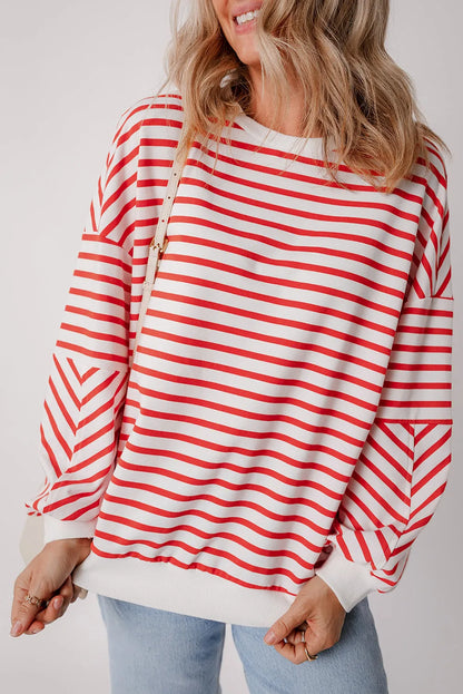 Orange Stripe Drop Shoulder Crew Neck Loose Sweatshirt - Chic Meadow Boutique 