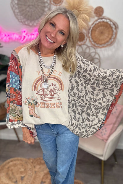 Multicolour Asymmetric Printed Patchwork Sleeve Peace Desert Graphic Top