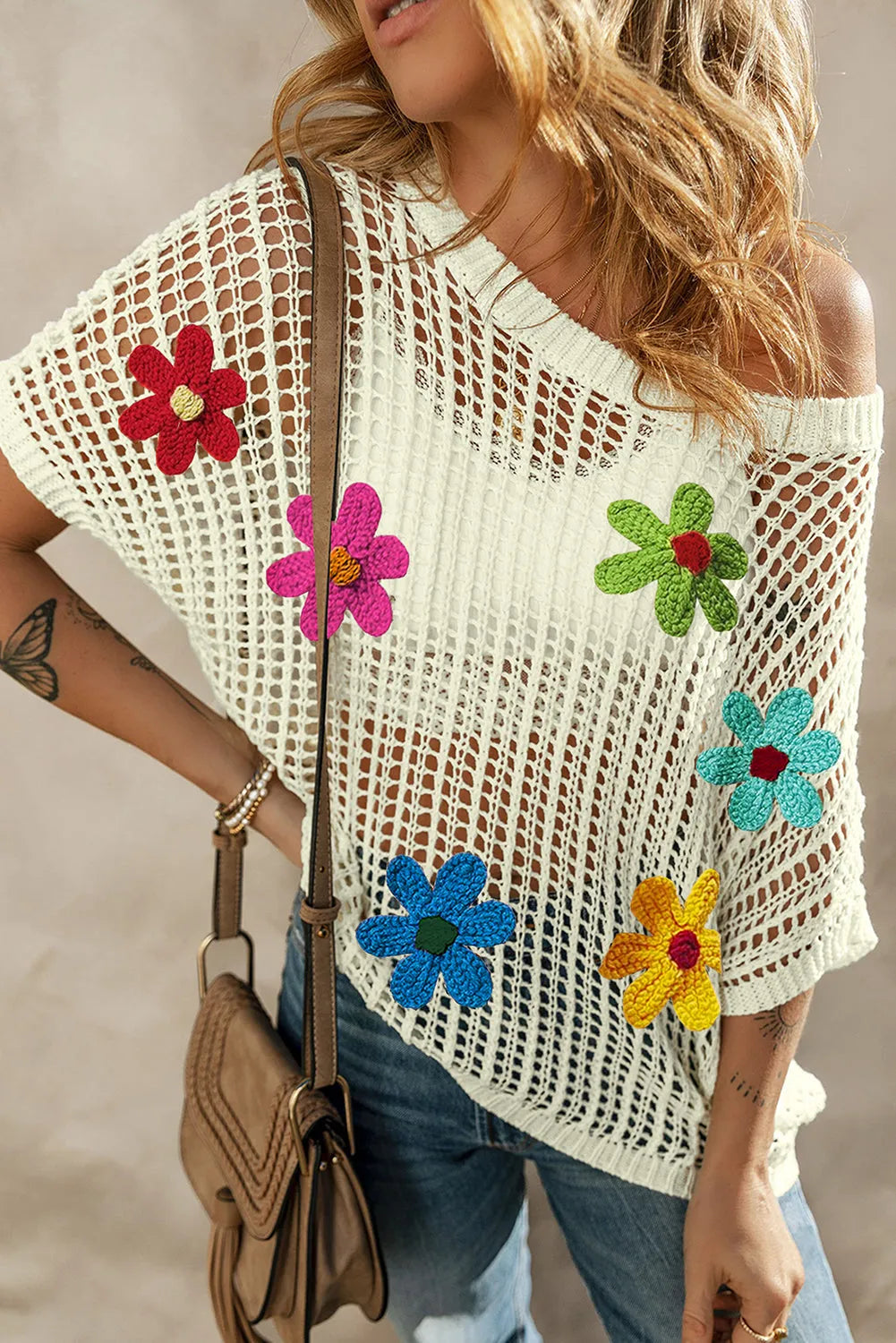 White Crochet Flower Hollow-out Sweater T Shirt - Chic Meadow Boutique 