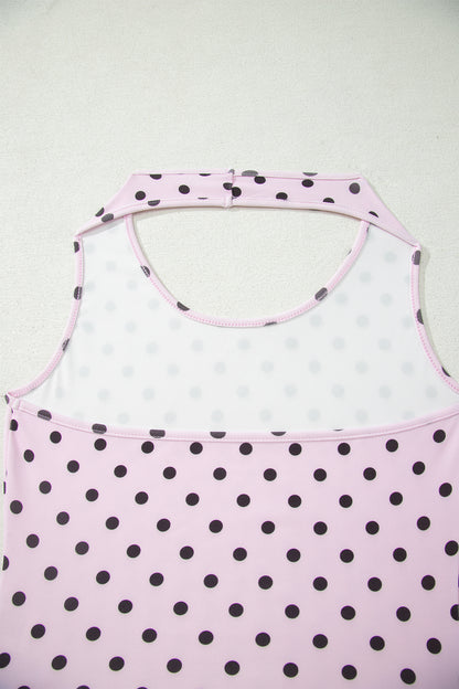 Pink Polka Dot Halter Tank Drawstring Elastic Waist Short Set