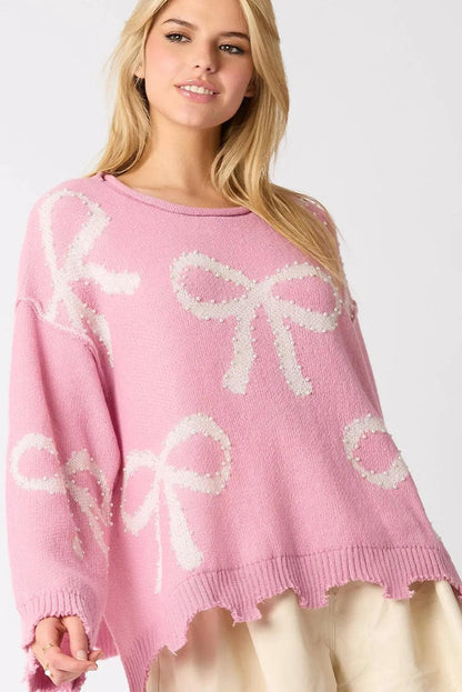 Sweaters & Cardigans/Sweaters Pink Pearl Beaded Bowknot Pattern Distressed Split Hem Sweater