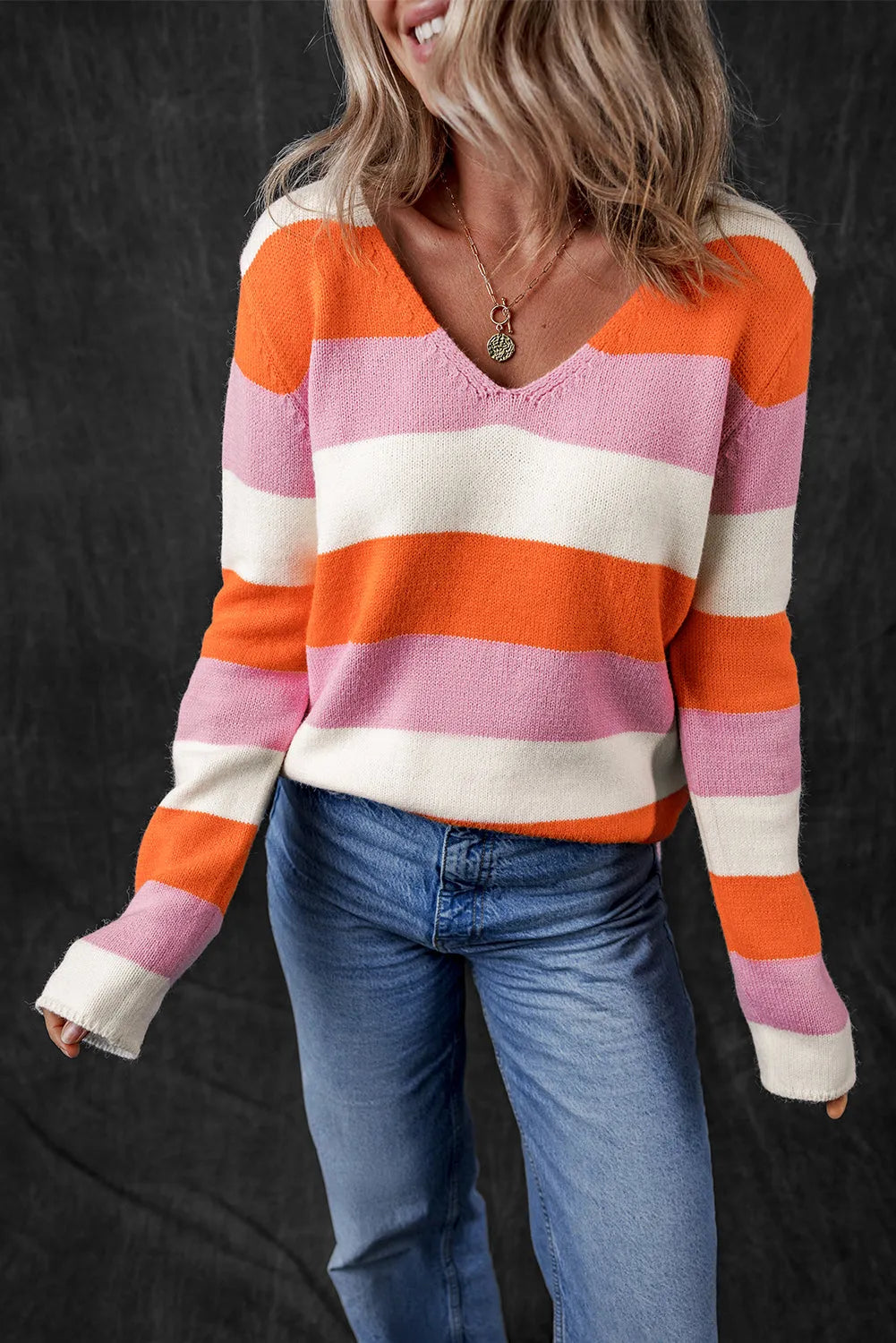 Orange Stripe Colorblock V Neck Casual Sweater - Chic Meadow Boutique 