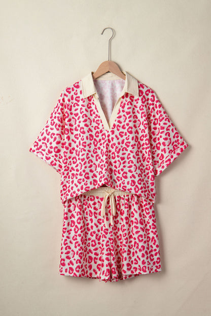 Rose V Neck Collar Leopard Printed 2pcs Short Set