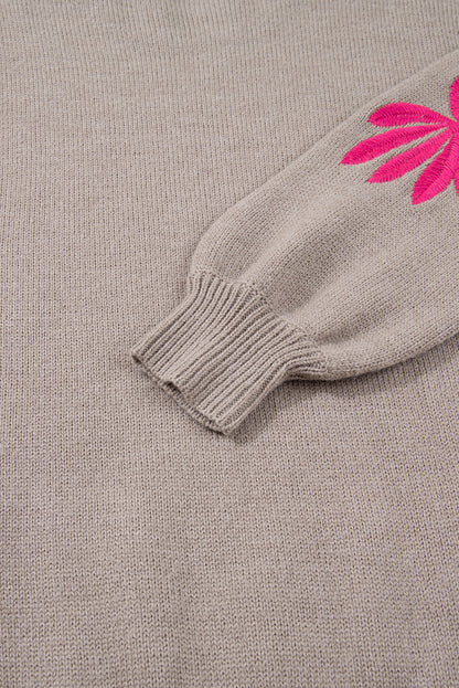 Simply Taupe Embroidered Floral Sleeve Round Neck Loose Sweater