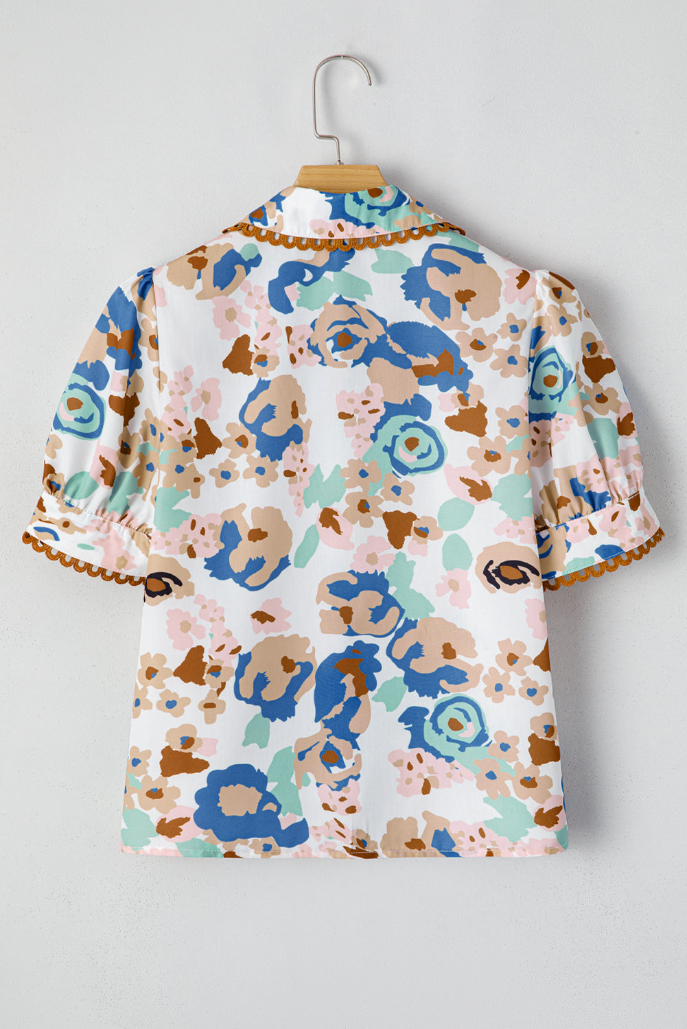 Multicolour Floral Print Ricrac Trim Collared Puff Short Sleeve Shirt