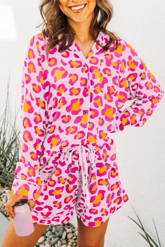 Loungewear & Sleepwear/Sleepwear Pink / S / 100%Viscose Pink Leopard Print Long Sleeve Shirt and Shorts Pajama Set