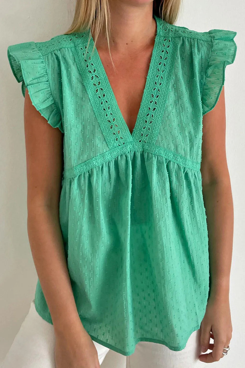 Green Eyelet V Neckline Ruffle Swiss Dot Top - Chic Meadow Boutique 