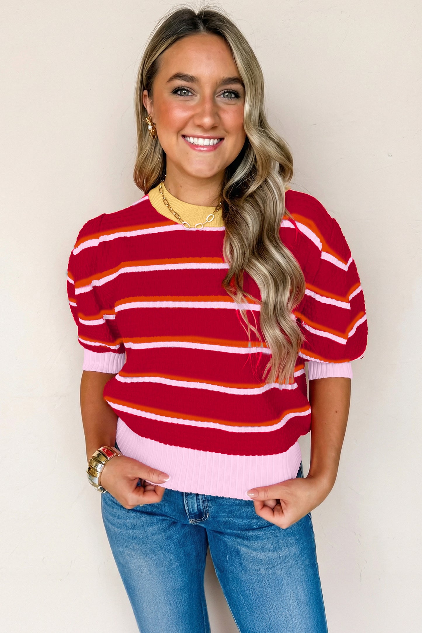 Red Stripe Colorblock Trim Half Sleeve Sweater Top