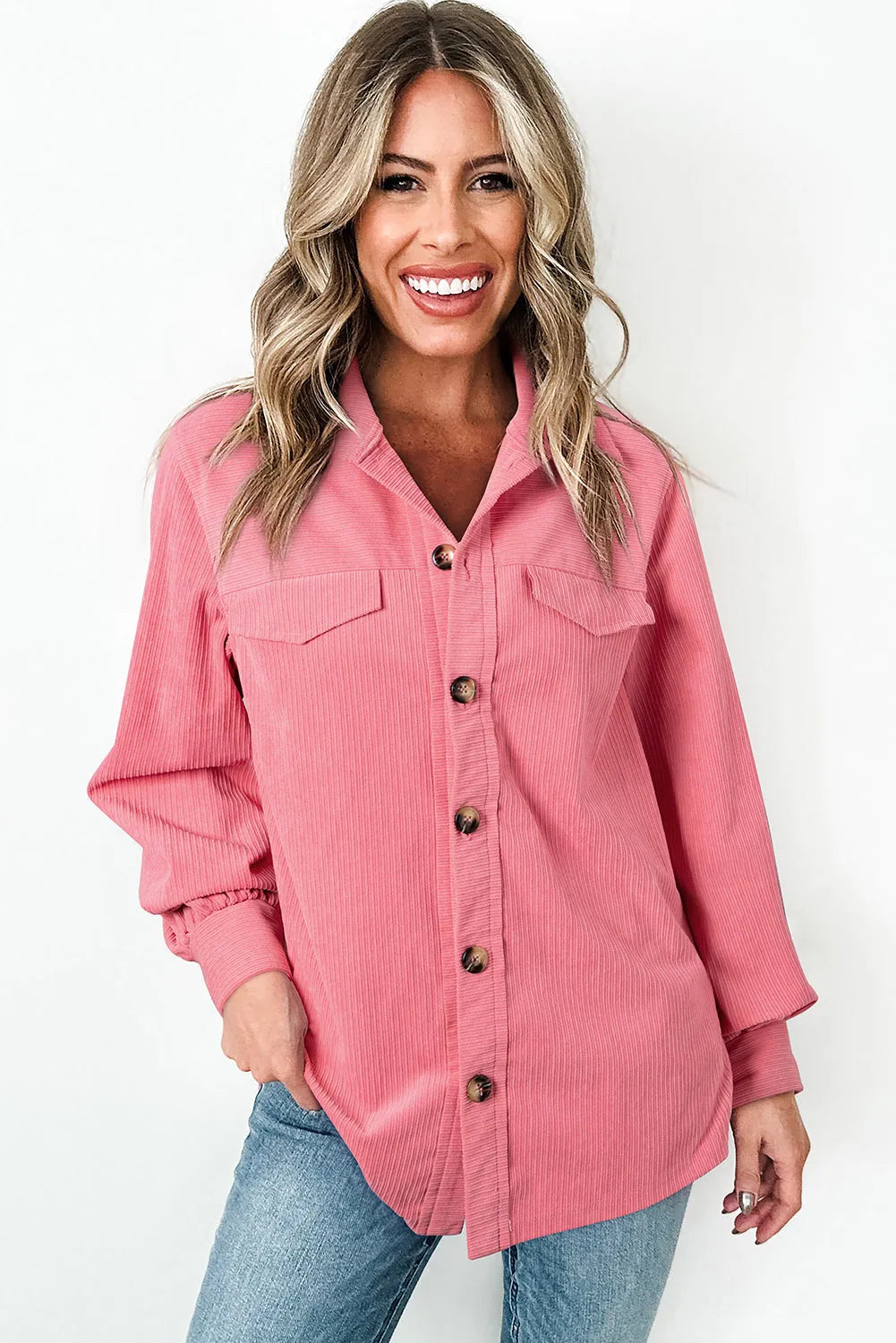 Bonbon Corduroy Flap Detail Button Up Split Shacket - Chic Meadow Boutique 