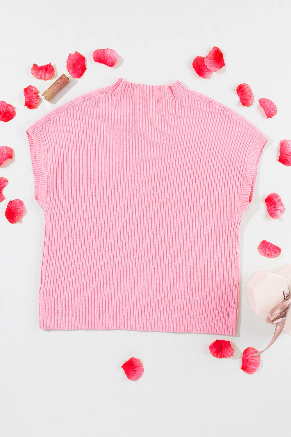 Tops/Short Sleeve Sweaters Pink Patch Pocket Ribbed Knit Short Sleeve Sweater