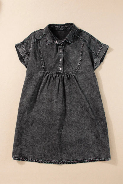 Black Acid Wash Button Front Collared Short Sleeve Denim Dress - Chic Meadow Boutique 