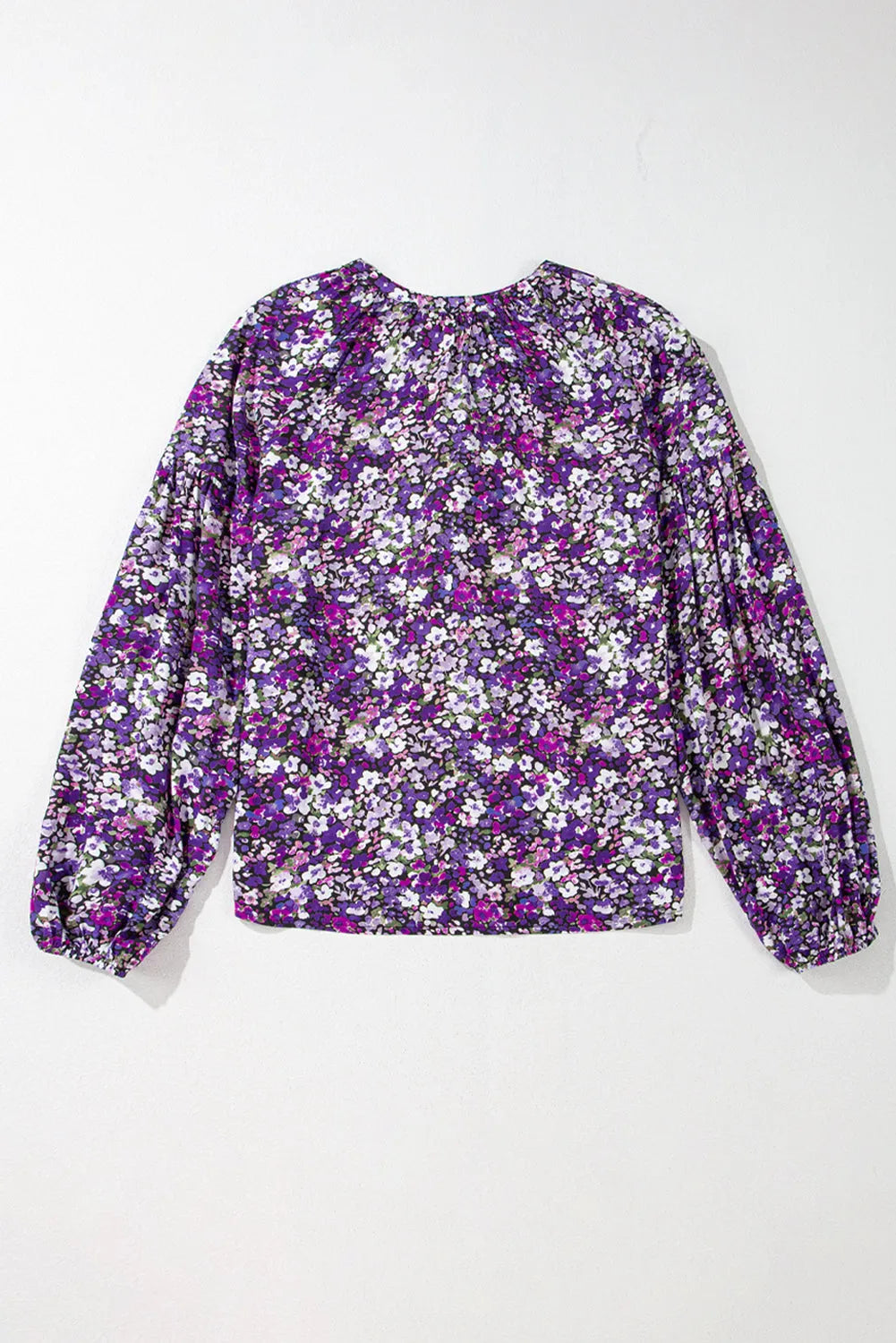 Purple Boho Flower Split V Neck Bubble Sleeve Blouse - Chic Meadow Boutique 