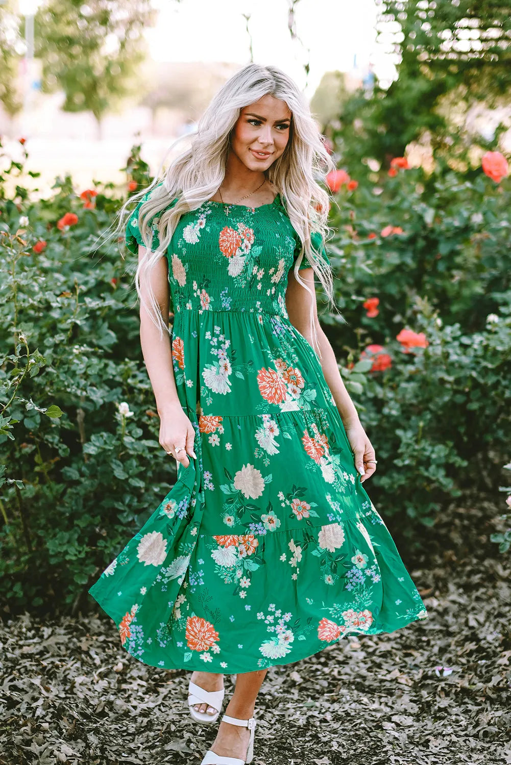 Green Floral Print Bubble Sleeve Smocked Tiered Midi Dress - Chic Meadow Boutique 