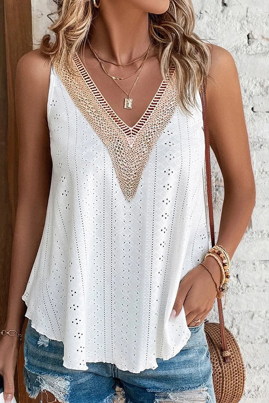 White Lace Crochet Splicing V Neck Loose Fit Tank Top - Chic Meadow Boutique 