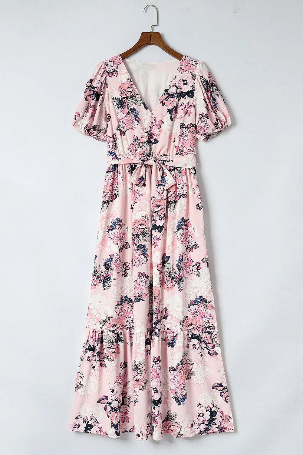 Pink Floral Puff Sleeve High Waist Maxi Dress - Chic Meadow Boutique 