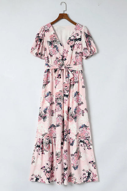 Pink Floral Puff Sleeve High Waist Maxi Dress - Chic Meadow Boutique 