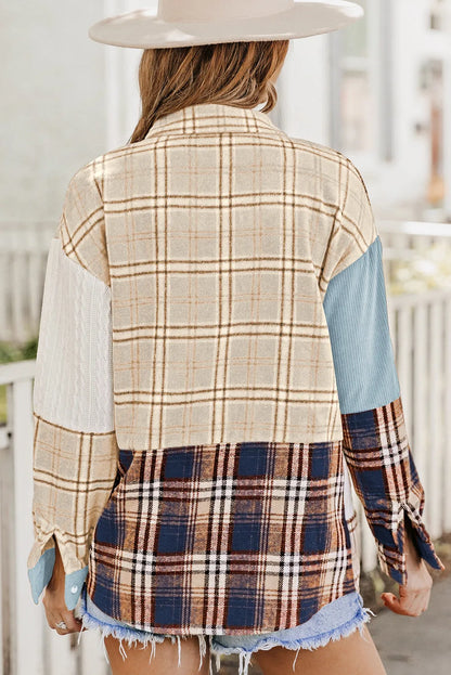 Blue Plaid Color Block Patchwork Shirt Jacket with Pocket - Chic Meadow Boutique 