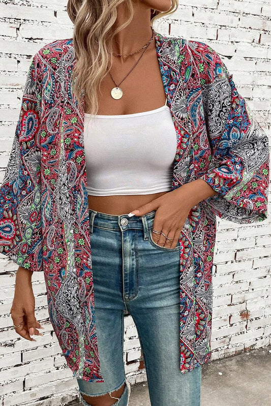 Red Paisley Print Open Front Kimono - Chic Meadow Boutique 