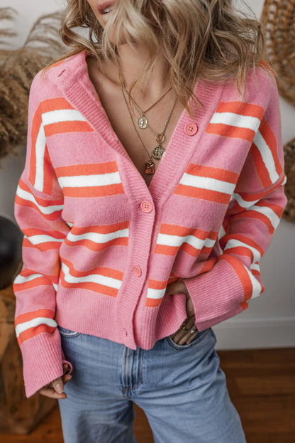 Pink Stripe Drop Shoulder Buttons Cardigan Sweater - Chic Meadow Boutique 