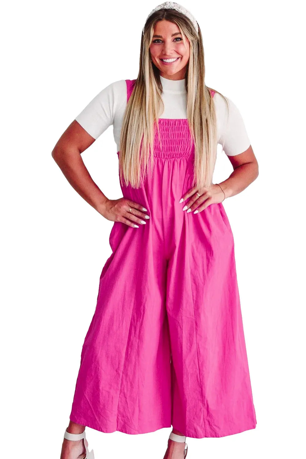 Strawberry Pink Wide Straps Smocked Detail Wide Leg Overalls - Chic Meadow Boutique 