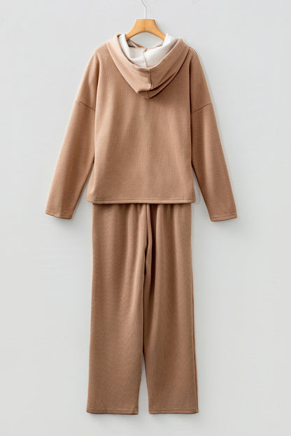 Dark Khaki Leopard Drawstring Pullover Hoodie and High Waist Pants Corduroy Suit