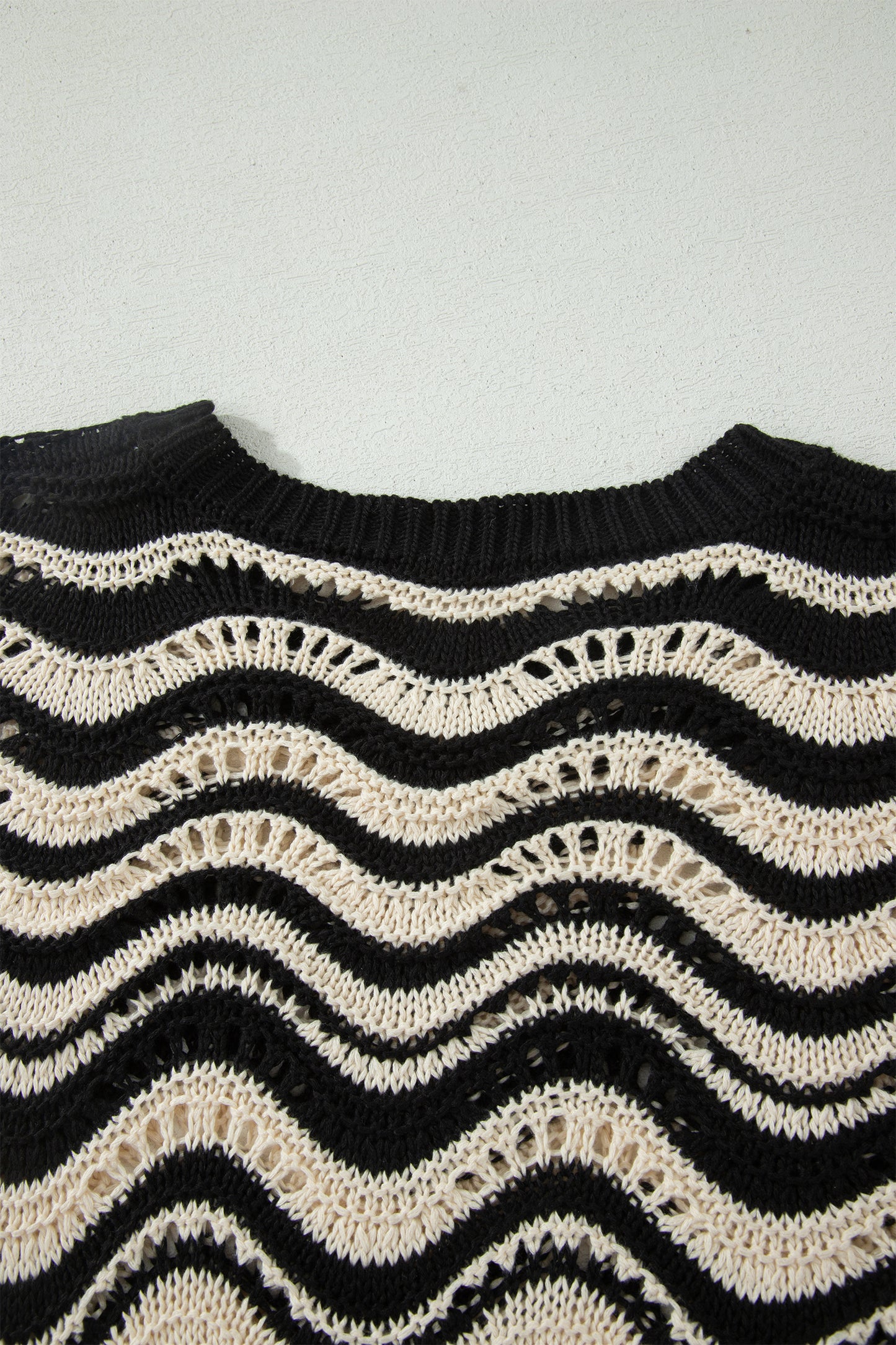 Black Stripe Wavy Crochet Eyelet Detail Ruffle Half Sleeve Sweater